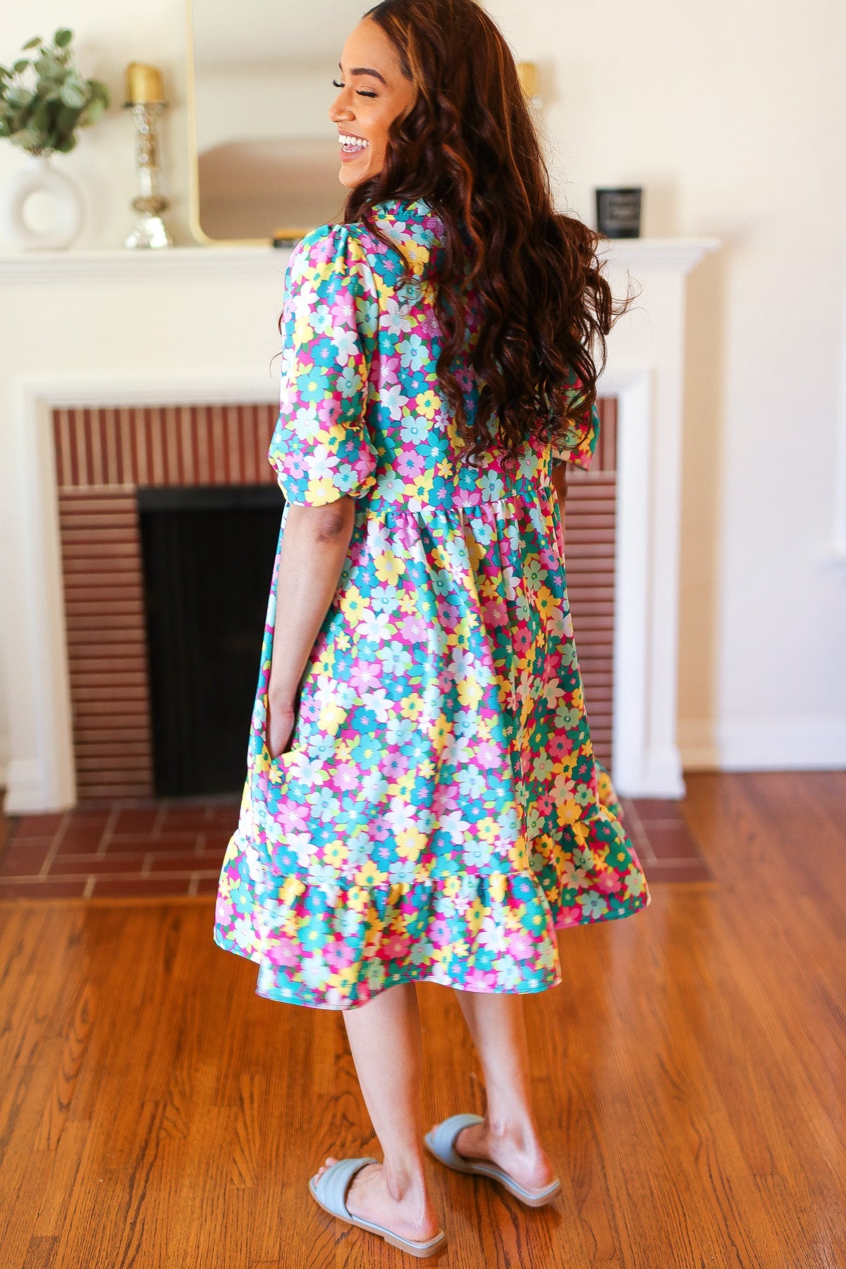 Can't Say No Mint & Fuchsia Floral Notch Neck Bubble Sleeve Dress