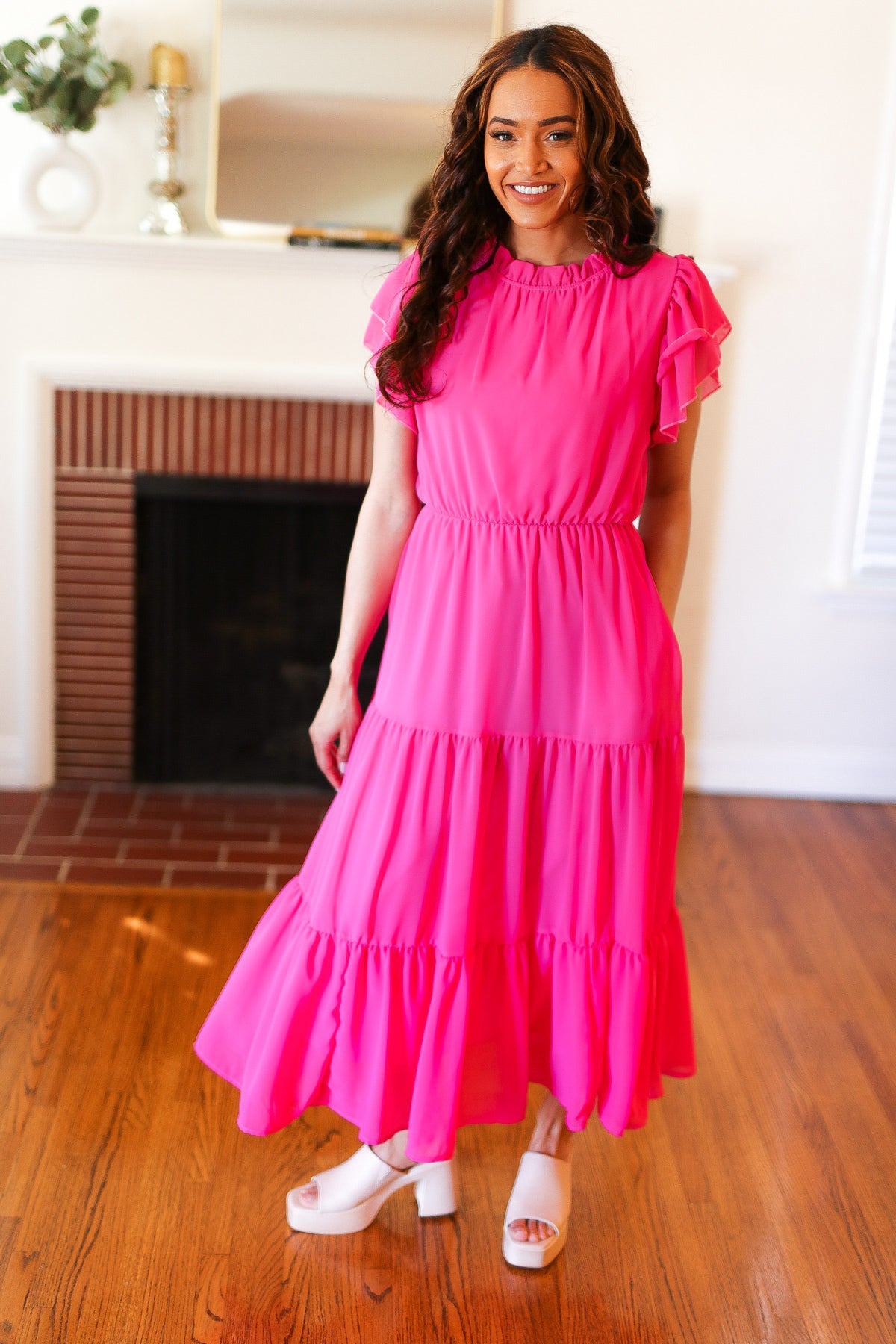 Perfectly You Hot Pink Mock Neck Tiered Chiffon Maxi Dress