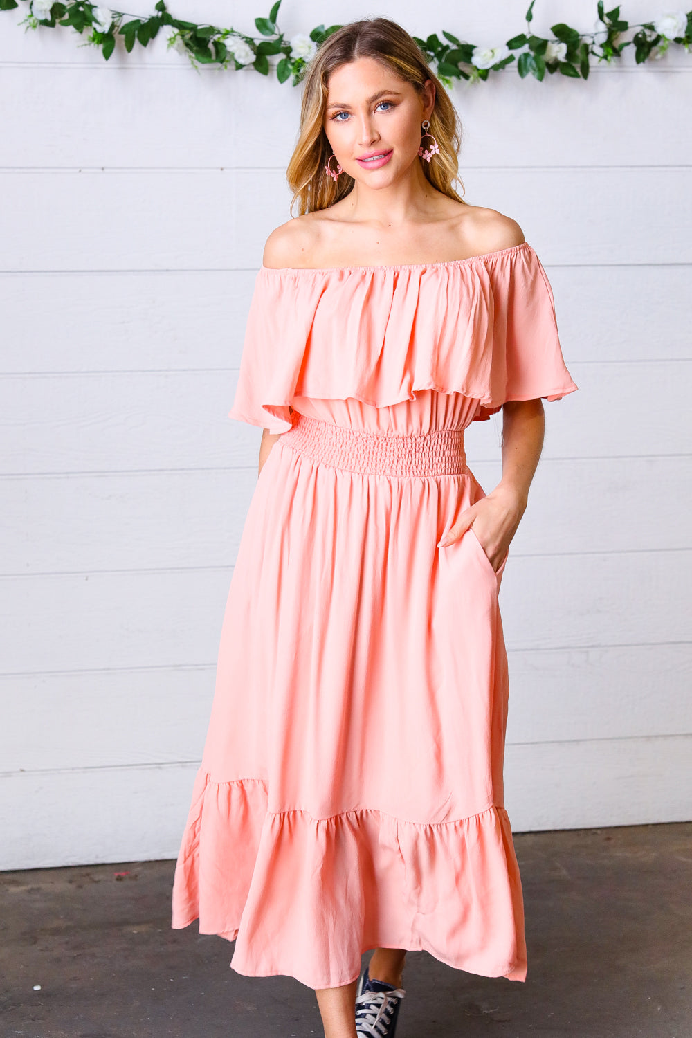 Coral off Shoulder Smocked Waist Ruffle Sleeve Midi Dress