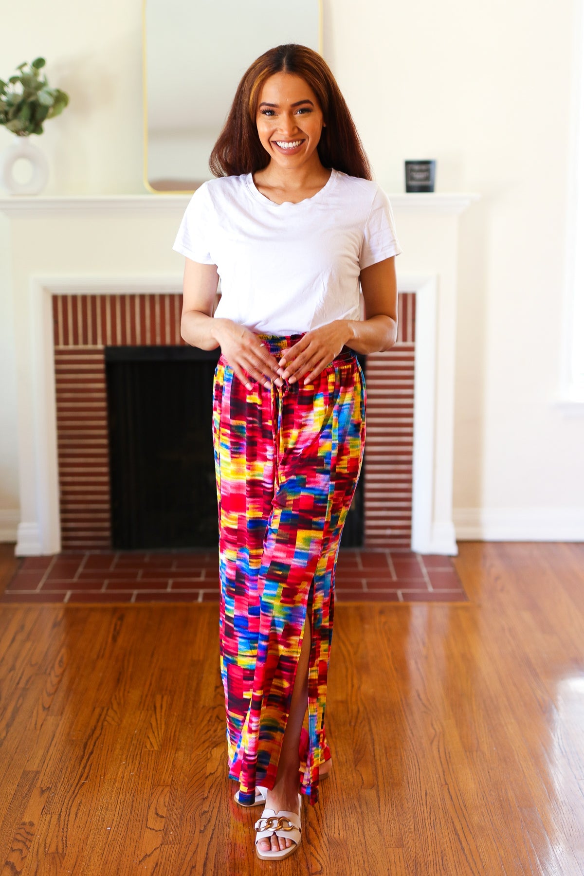 Vacay Vibes Kaleidoscope Smocked Waist Side Slit Palazzo Pants