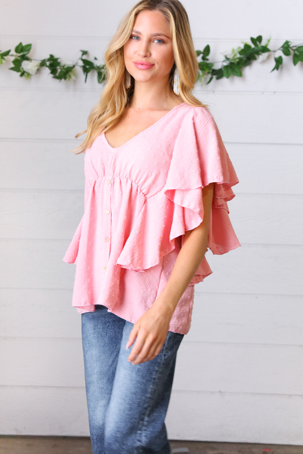 Soft Pink Swiss Dot Ruffle Woven Top