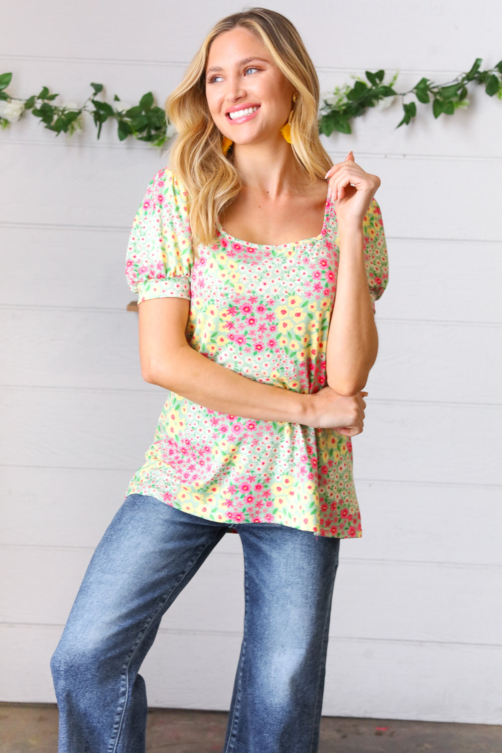 Canary/Mint Floral Square Neck Bubble Sleeve Top