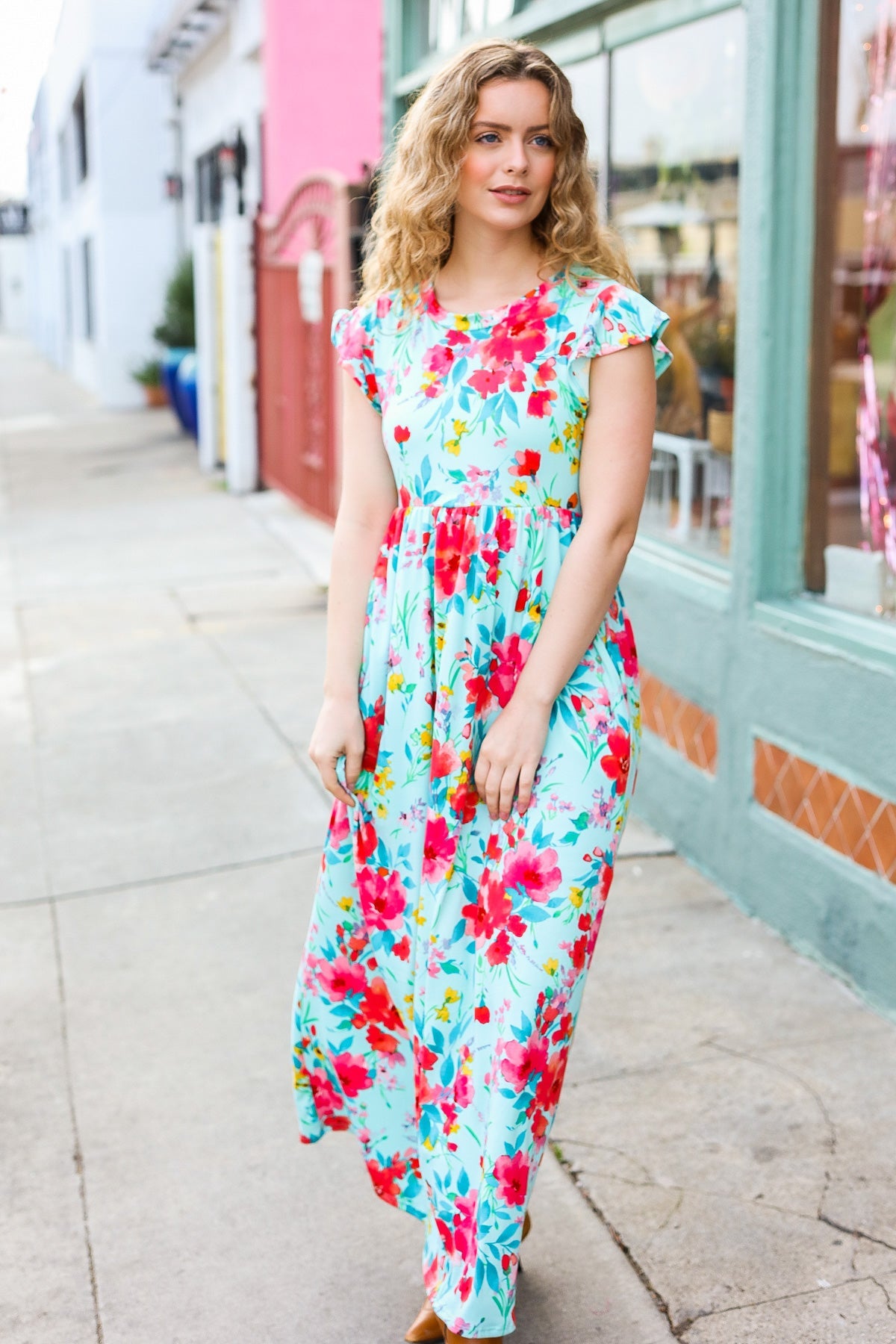 What A Vision Aqua Floral Fit & Flare Maxi Dress