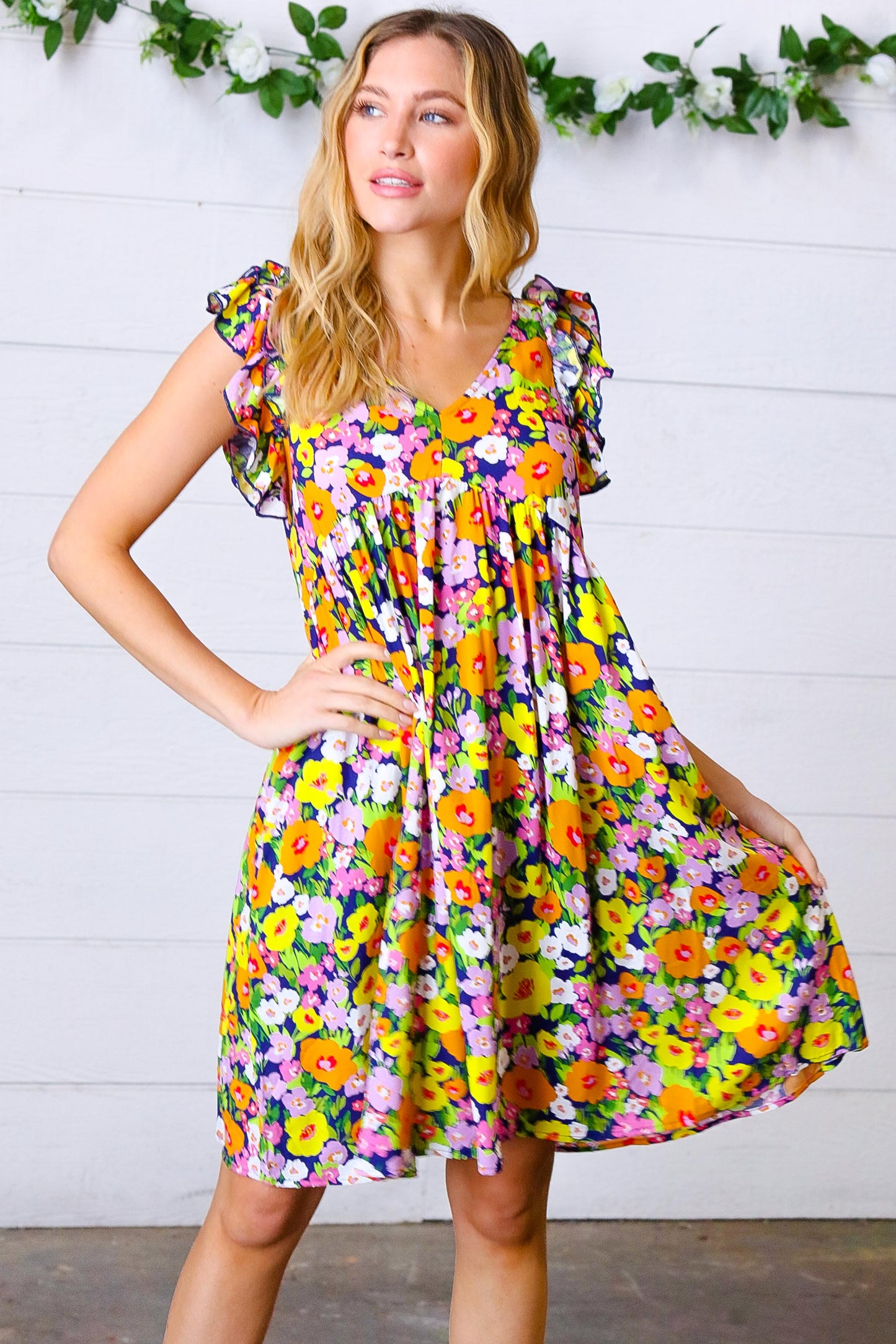 Indigo & Lemon Floral Babydoll Ruffle Dress