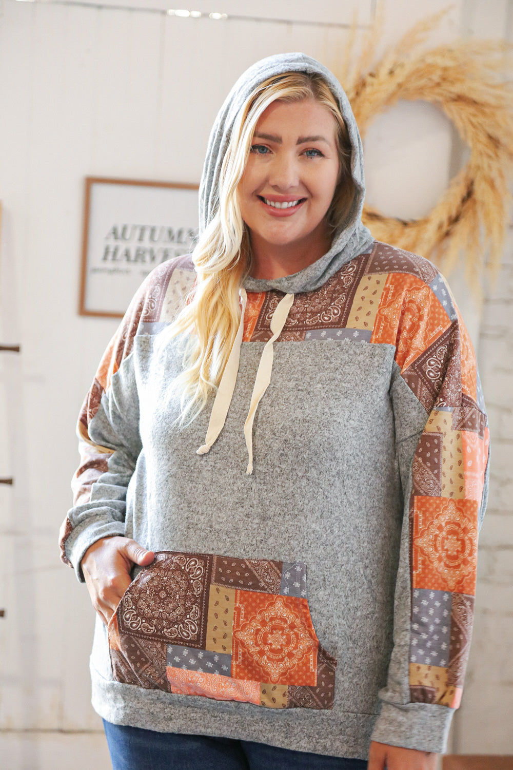 Harvest Ethnic Patchwork Print Kangaroo Pocket Hoodie