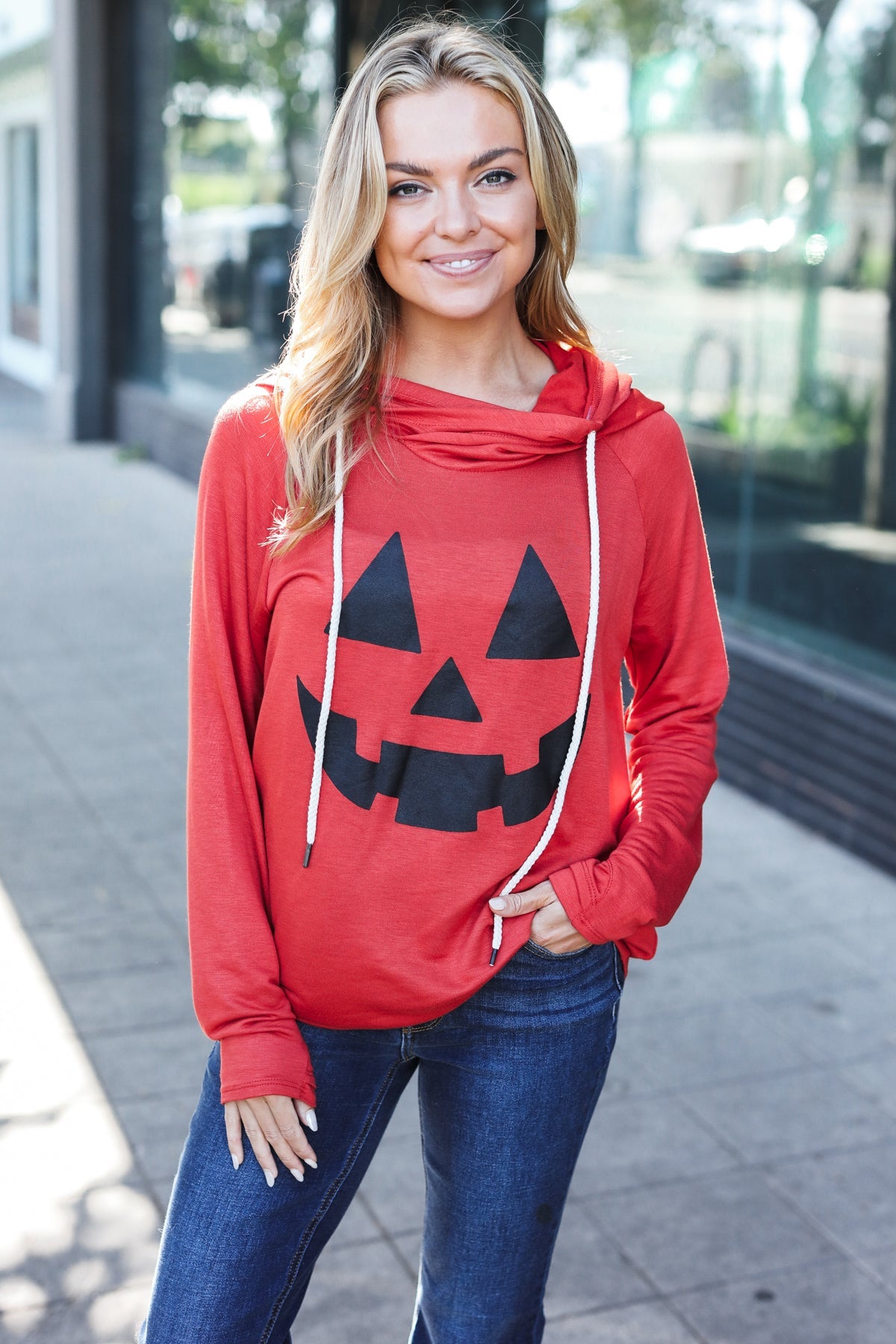 Halloween Jack-O-Lantern Terry Thumb Hole Double Hoodie