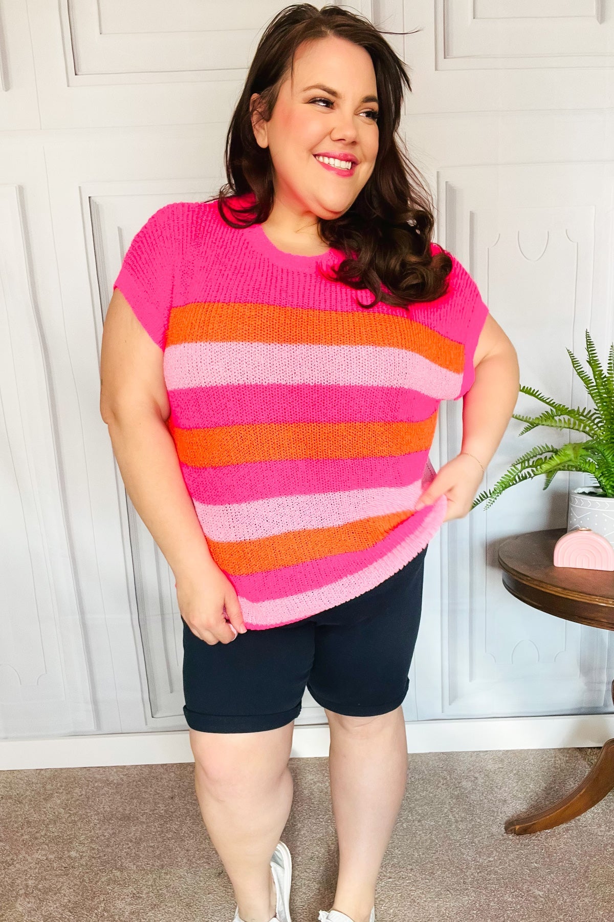 Feeling Bold Fuchsia & Orange Stripe Short Sleeve Dolman Sweater