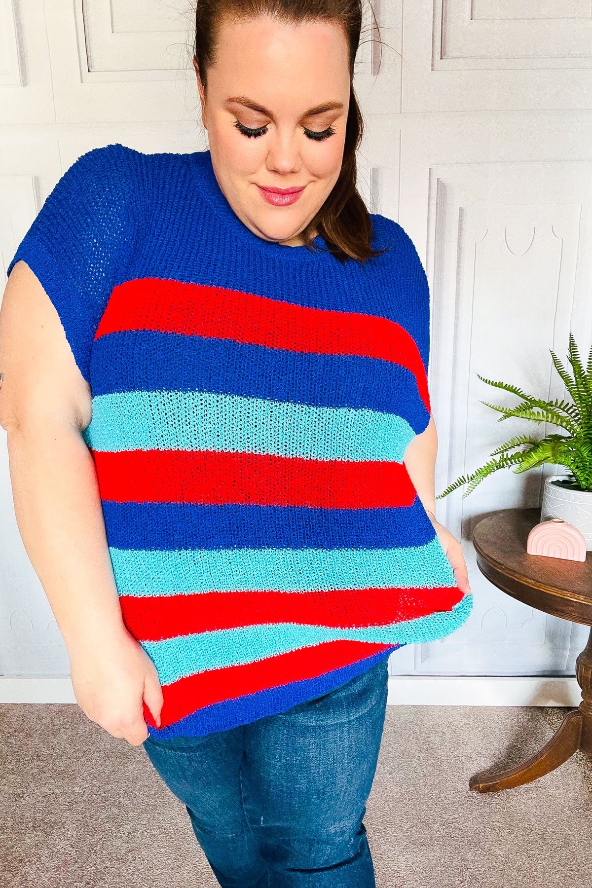 Forget Me Not Royal Blue Stripe Short Sleeve Dolman Sweater