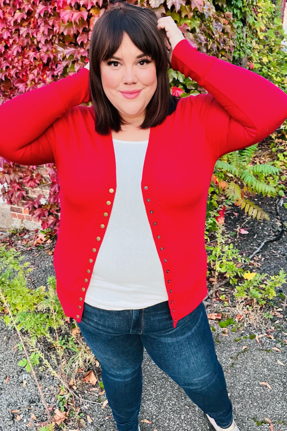 Day On The Town Red Snap Button Rib Cardigan