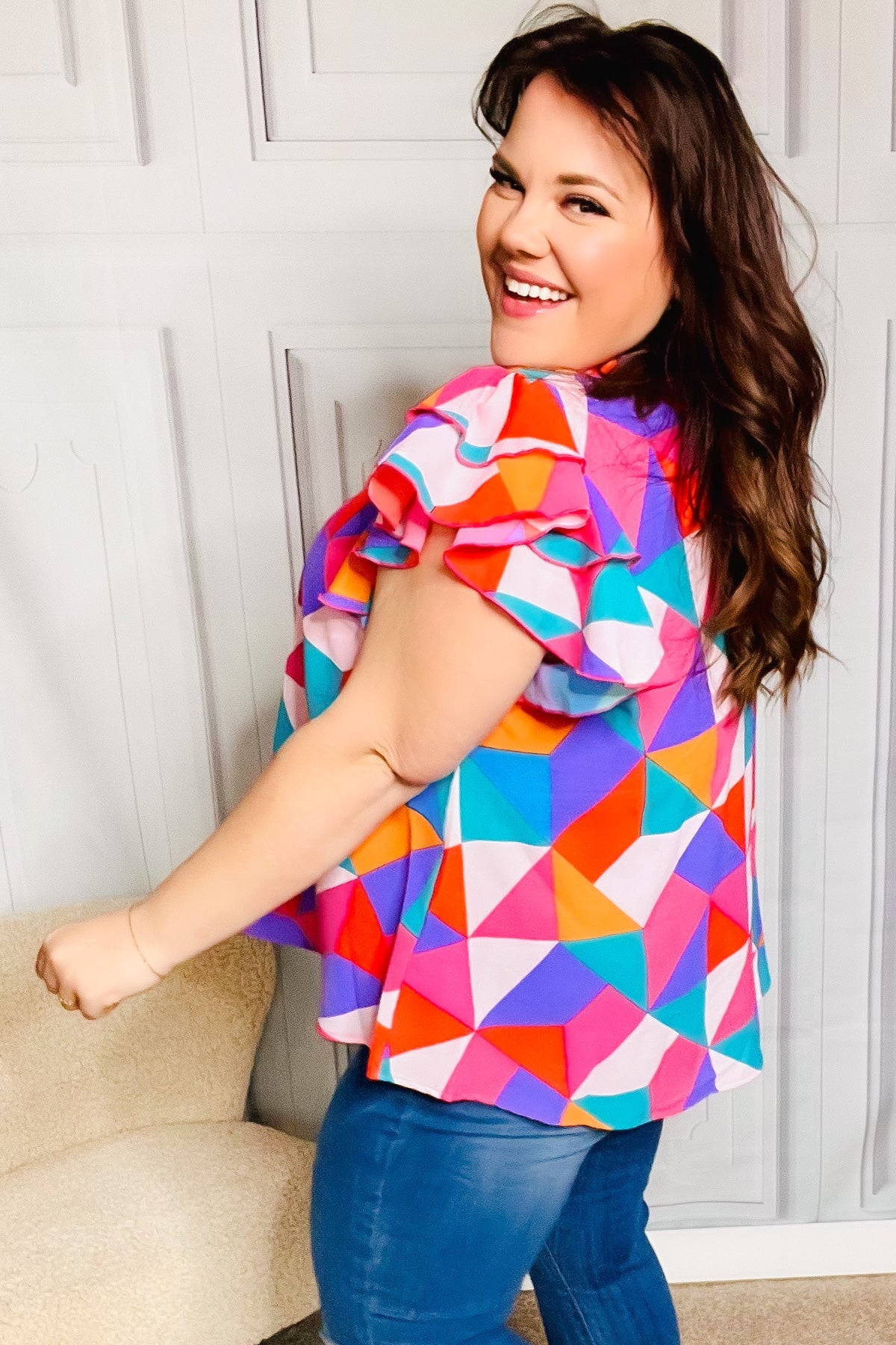 Feeling Bold Multicolor Geo Print Mock Neck Flutter Sleeve Top