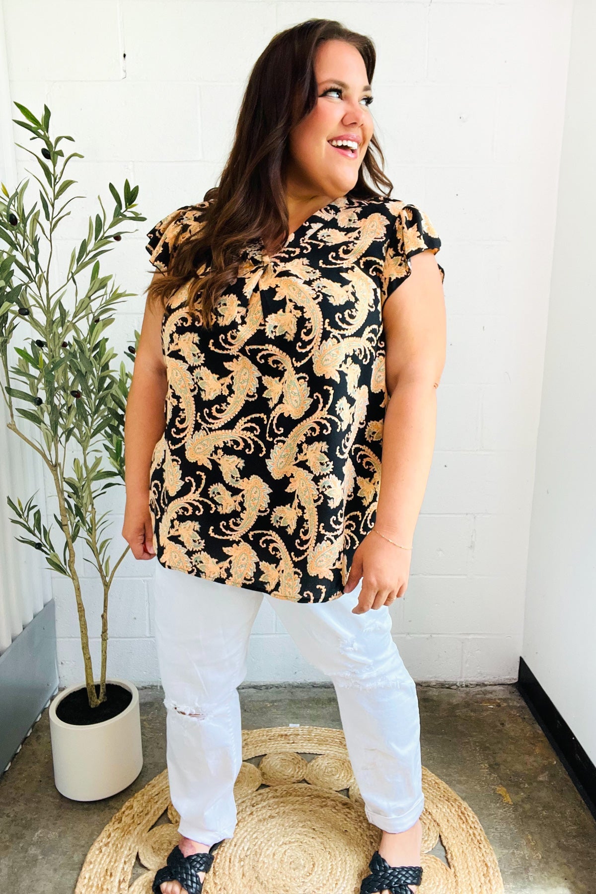 You Got This Black Paisley Print V Neck Flutter Sleeve Top