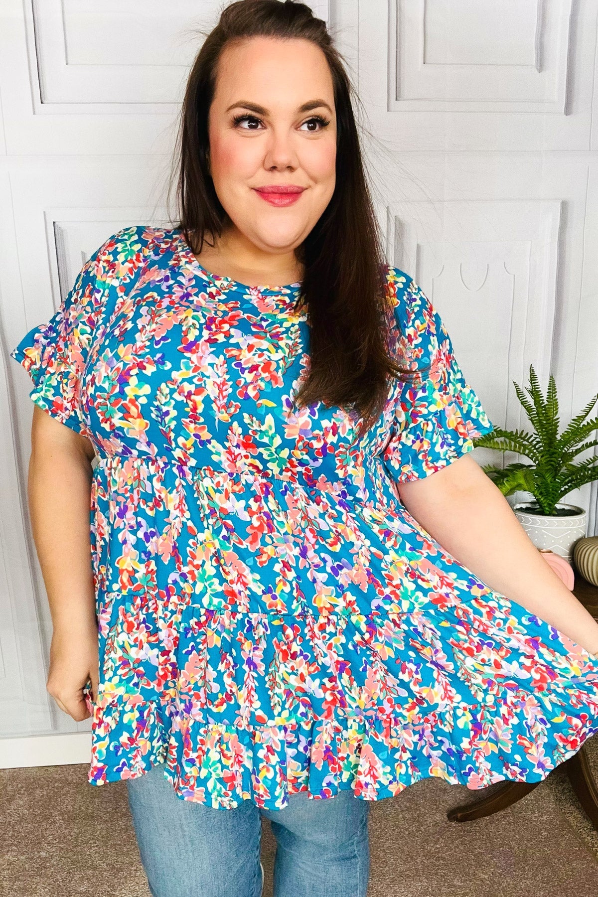 Looking Your Way Blue Floral Ruffle Hem Tiered Top